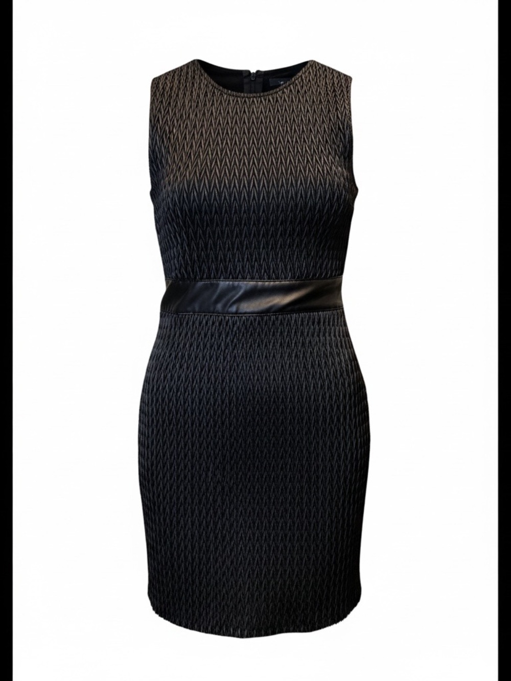 Zara Black Textured Sleeveless Sheath Dress with Faux Leather Waistband